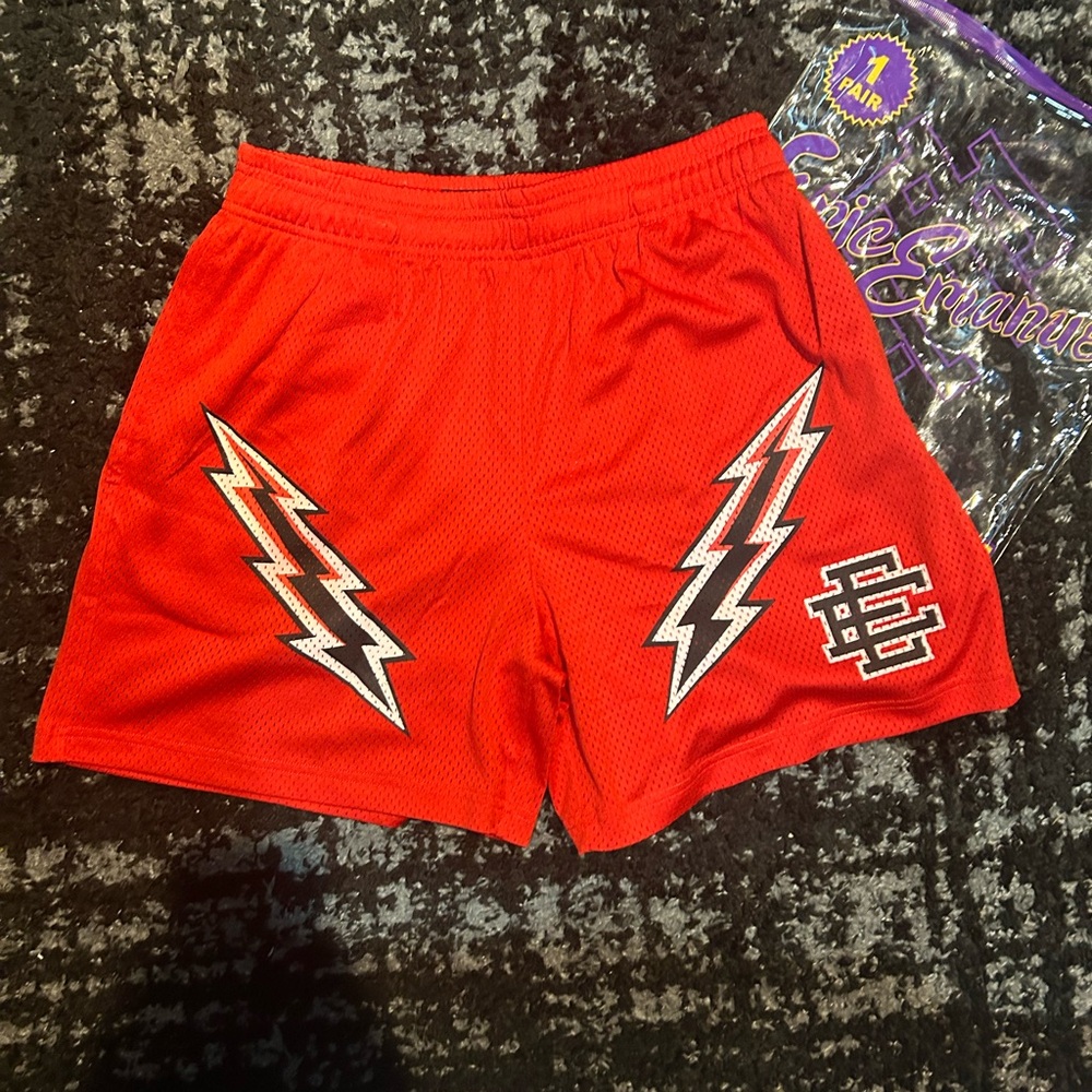 Red EE Shorts with Lightning Bolt